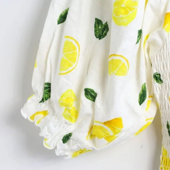 NWT Forever 21 Smocked Lemon Print cropped top cottagecore 100% cotton S novelty - Picture 9 of 9
